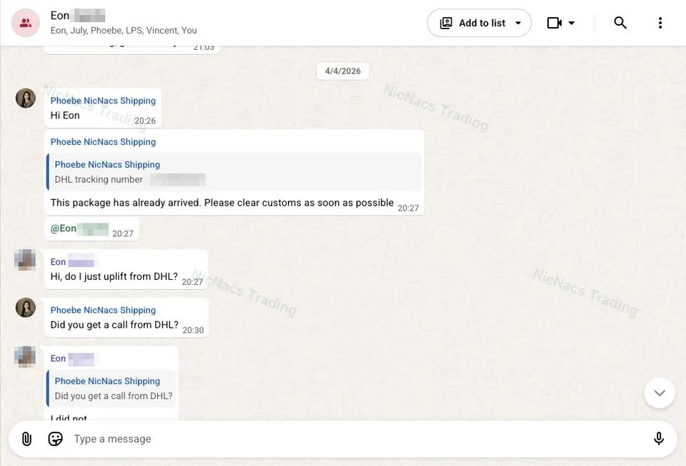 WhatsApp conversation showing the DHL arrival and collection discussion
