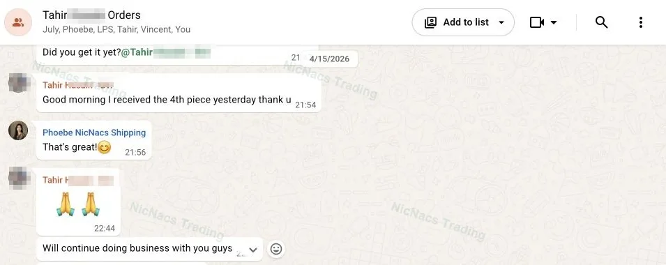 WhatsApp conversation confirming receipt of the fourth piece