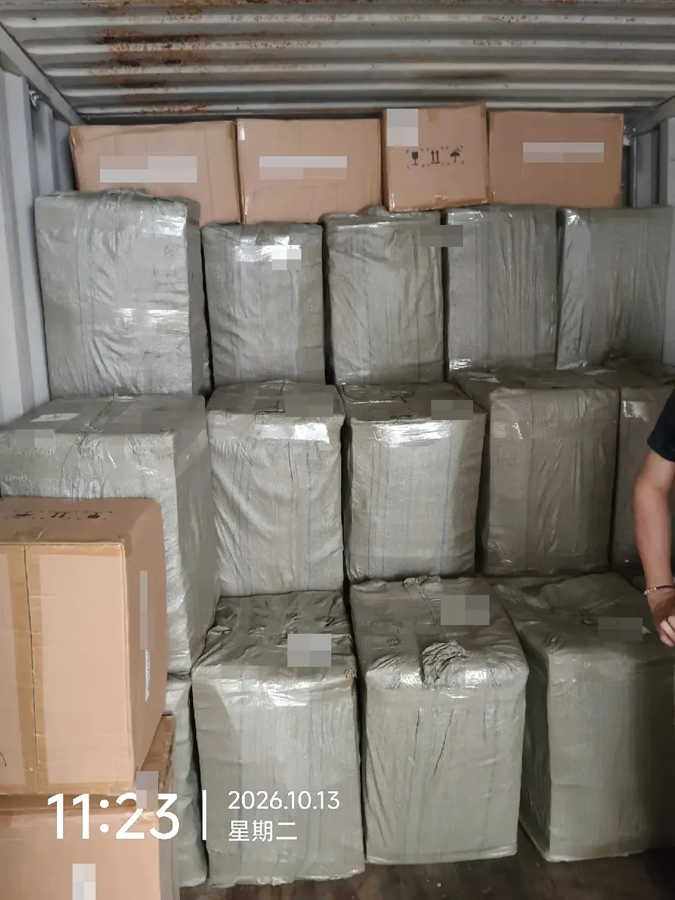 Wrapped bundles and cartons stacked inside the container