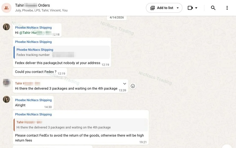WhatsApp conversation showing three packages received and the fourth outstanding