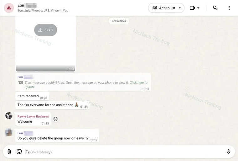 WhatsApp conversation in which a NicNacs customer confirms receiving the item