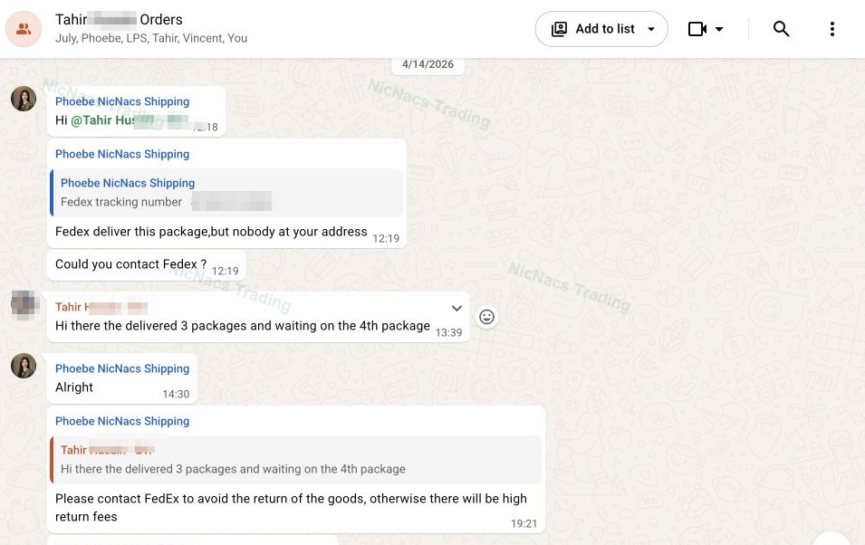 WhatsApp conversation showing three packages received and the fourth outstanding