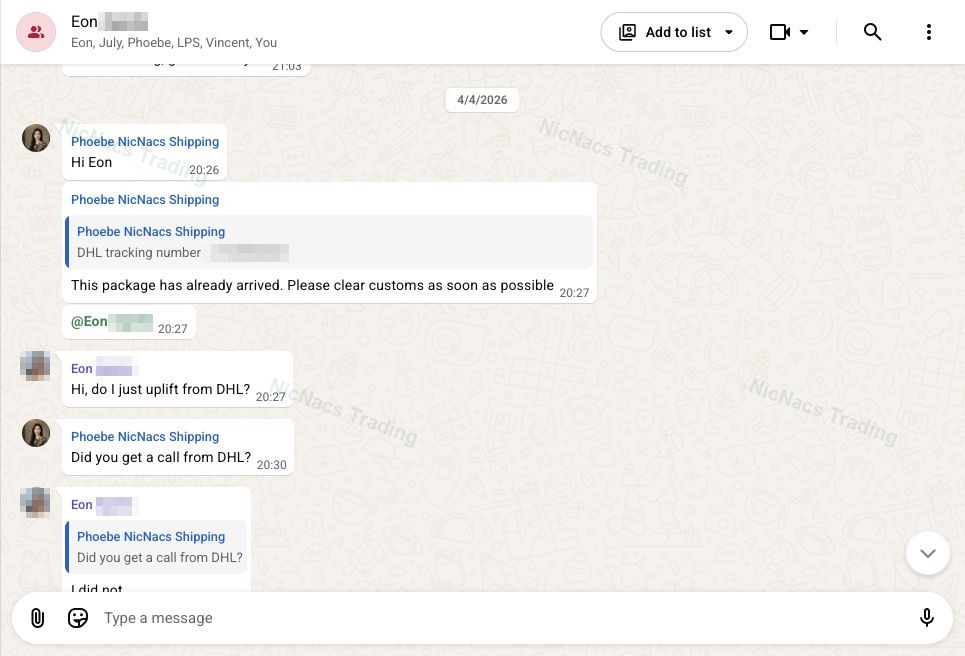 WhatsApp conversation showing the DHL arrival and collection discussion