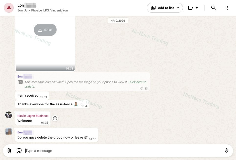 WhatsApp conversation showing the customer's item received confirmation